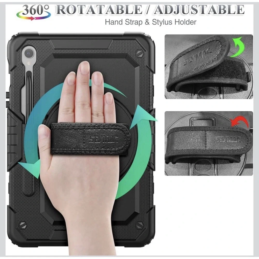 Seymac Samsung Protective Case, Screen Protector, 360 Stand, Hand & Should Strap